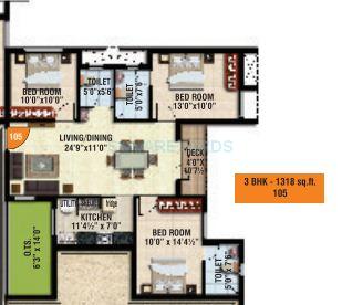 Floor plan of 3 BHK 1318 Sq. Ft. Apartment in Sidharth Housing Upscale, Chennai