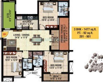 Floor plan of 3 BHK 1477 Sq. Ft. Apartment in Sidharth Housing Upscale, Chennai