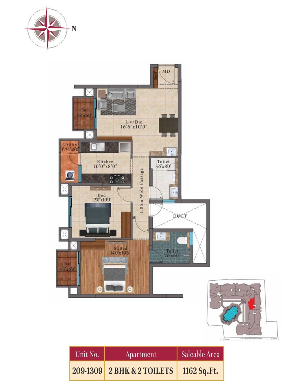 Floor plan of 2 BHK 1162 Sq. Ft. Apartment in SIS Florence, Chennai