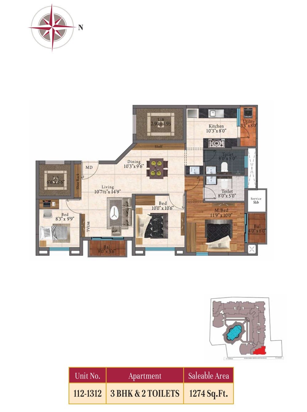 Floor plan of 3 BHK 1274 Sq. Ft. Apartment in SIS Florence, Chennai
