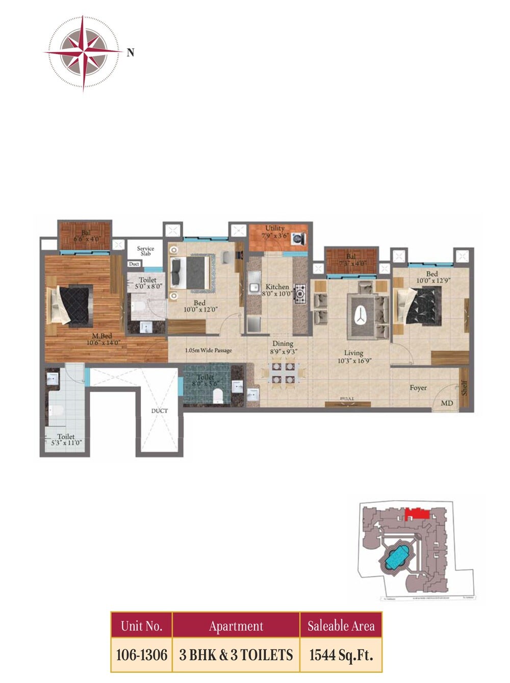 Floor plan of 3 BHK 1544 Sq. Ft. Apartment in SIS Florence, Chennai