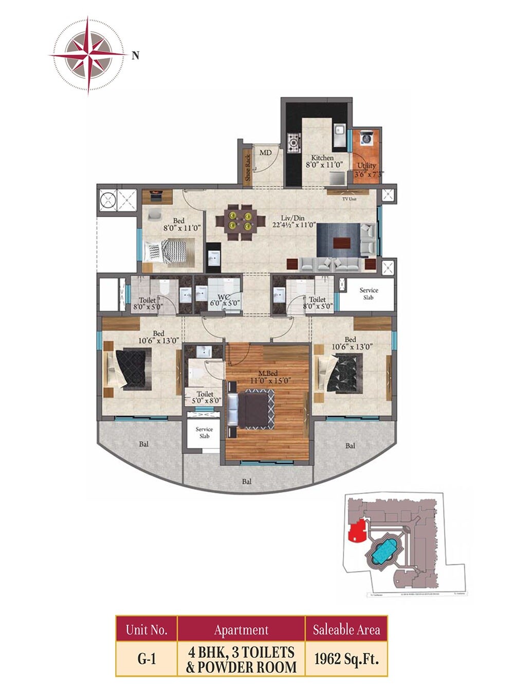 Floor plan of 4 BHK 1962 Sq. Ft. Apartment in SIS Florence, Chennai