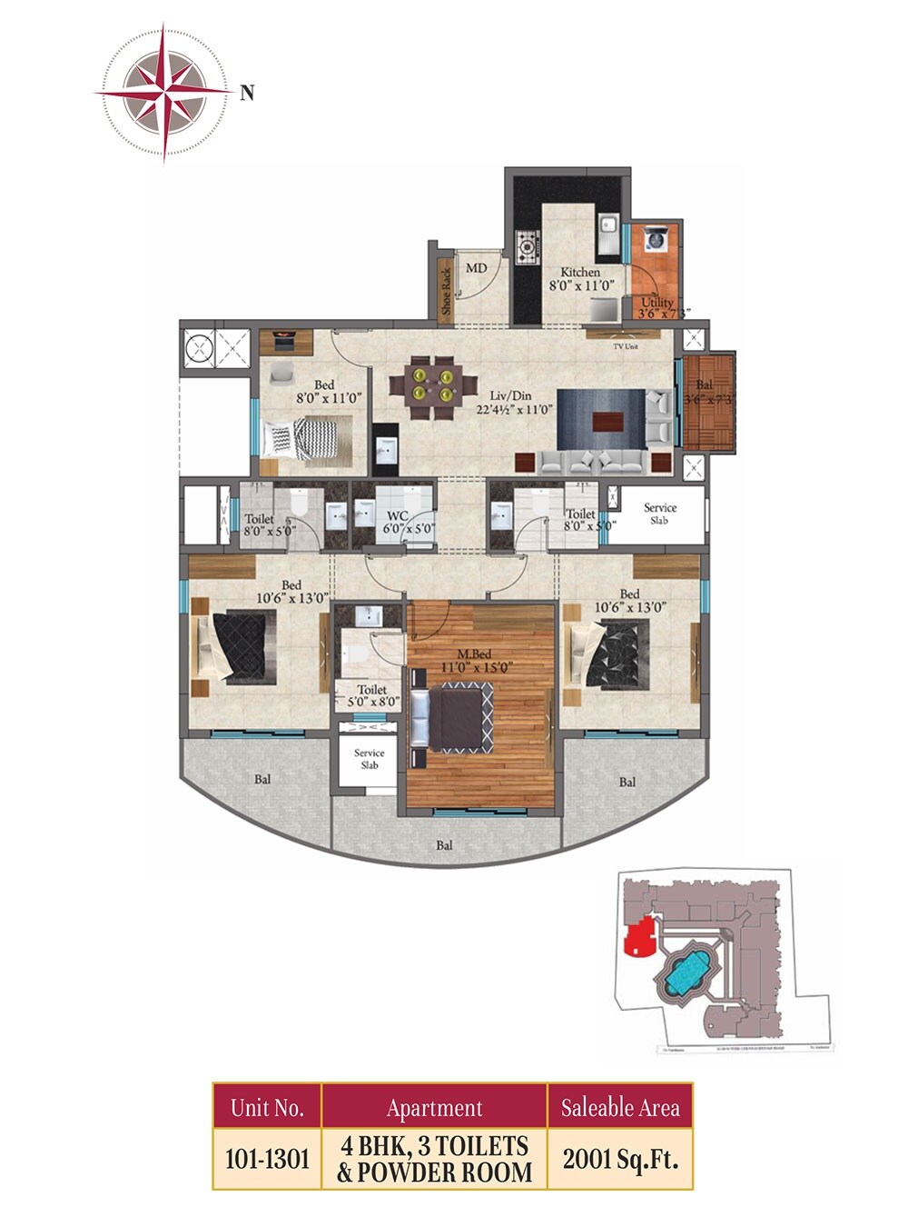 Floor plan of 4 BHK 2001 Sq. Ft. Apartment in SIS Florence, Chennai
