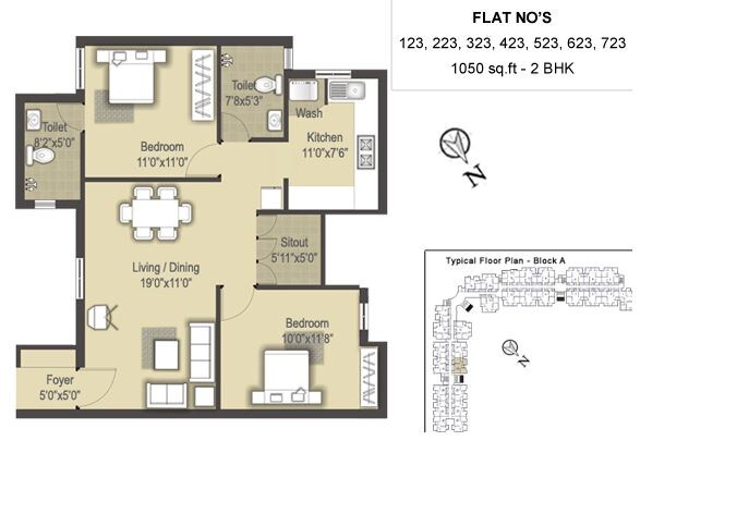 Floor plan of 2 BHK 1050 Sq. Ft. Apartment in SIS Marakesh, Chennai