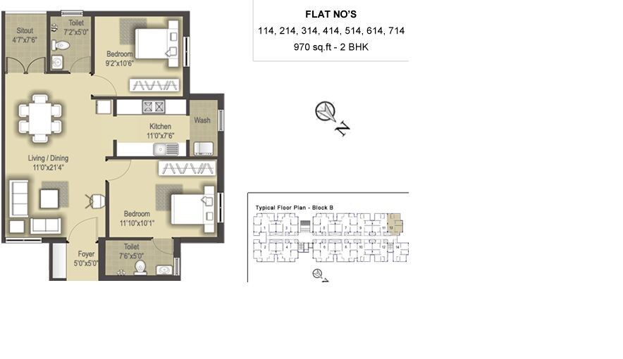 Floor plan of 2 BHK 970 Sq. Ft. Apartment in SIS Marakesh, Chennai