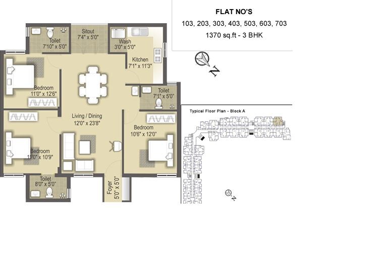 Floor plan of 3 BHK 1370 Sq. Ft. Apartment in SIS Marakesh, Chennai
