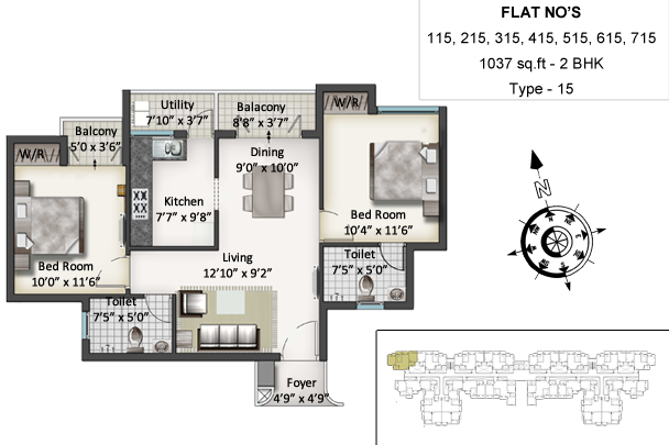 Floor plan of 2 BHK 1037 Sq. Ft. Apartment in SIS Queenstown, Chennai