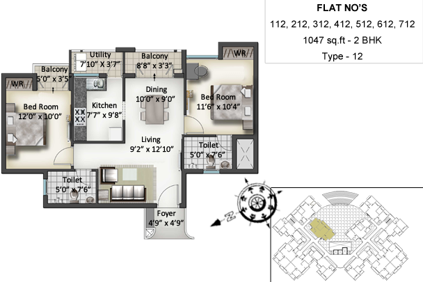 Floor plan of 2 BHK 1047 Sq. Ft. Apartment in SIS Queenstown, Chennai