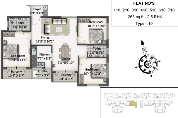 Floor plan of 3 BHK 1263 Sq. Ft. Apartment in SIS Queenstown, Chennai