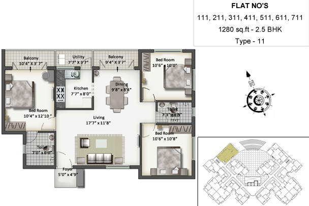 Floor plan of 3 BHK 1280 Sq. Ft. Apartment in SIS Queenstown, Chennai