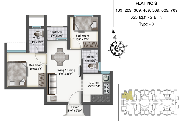 Floor plan of 2 BHK 623 Sq. Ft. Apartment in SIS Queenstown, Chennai