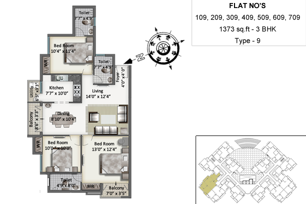 Floor plan of 3 BHK 1373 Sq. Ft. Apartment in SIS Queenstown, Chennai