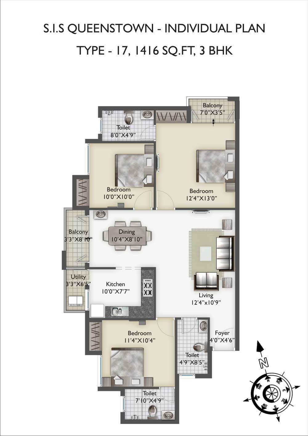 Floor plan of 3 BHK 1416 Sq. Ft. Apartment in SIS Queenstown, Chennai