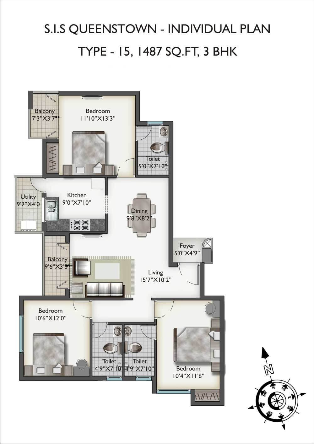 Floor plan of 3 BHK 1487 Sq. Ft. Apartment in SIS Queenstown, Chennai