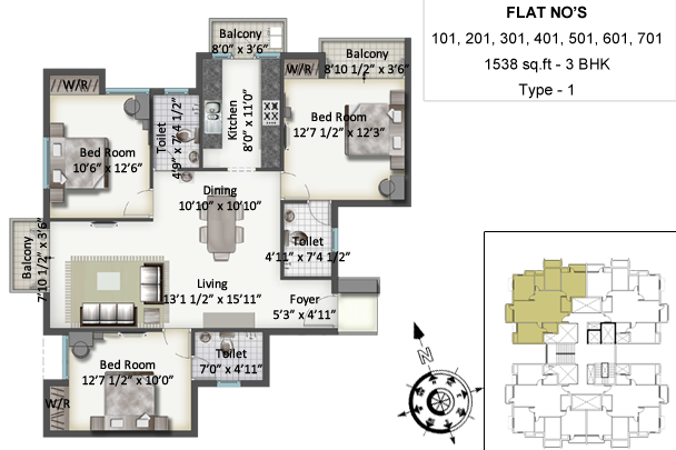 Floor plan of 3 BHK 1538 Sq. Ft. Apartment in SIS Queenstown, Chennai