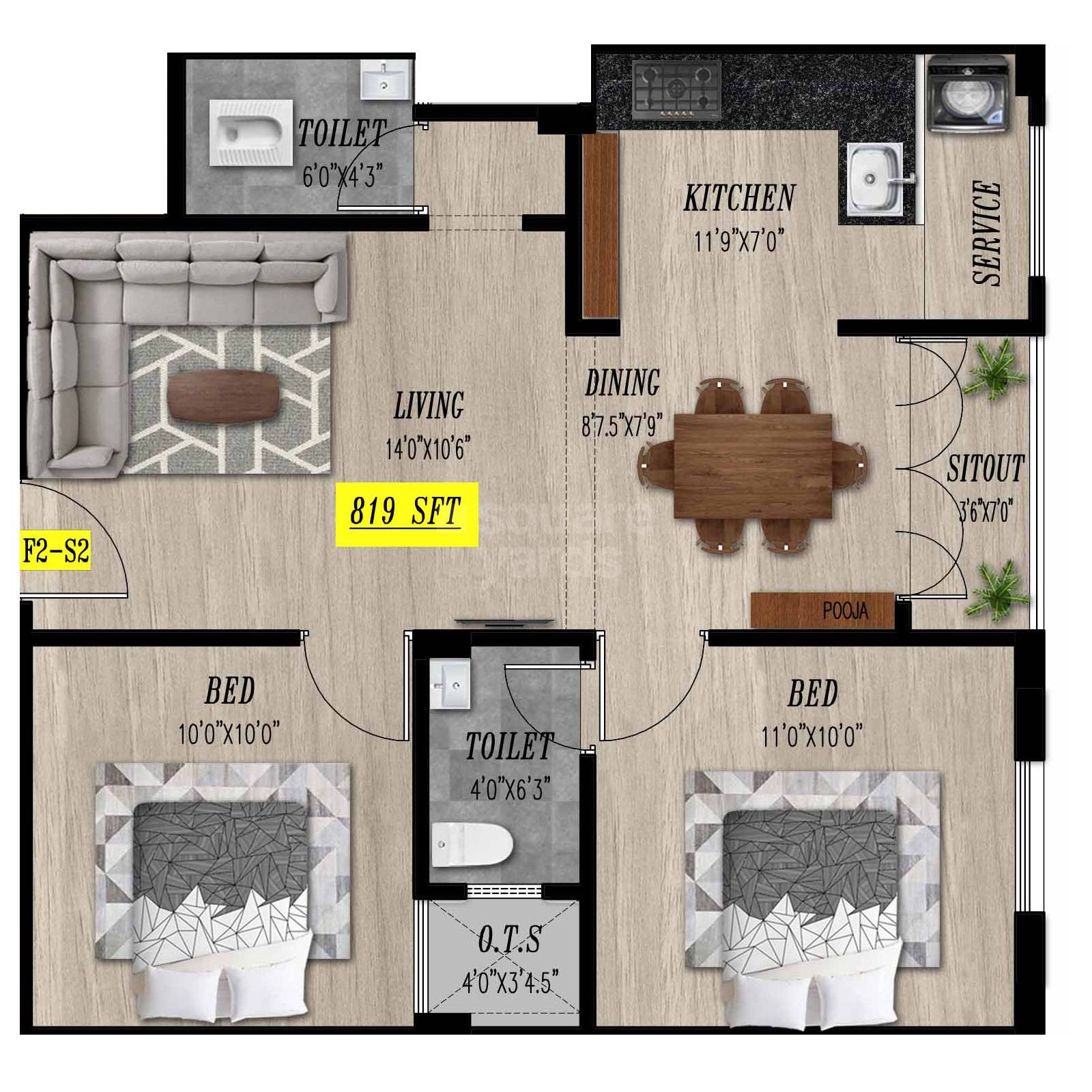 Floor plan of 2 BHK 819 Sq. Ft. Apartment in Siva Adhitya Grand, Chennai