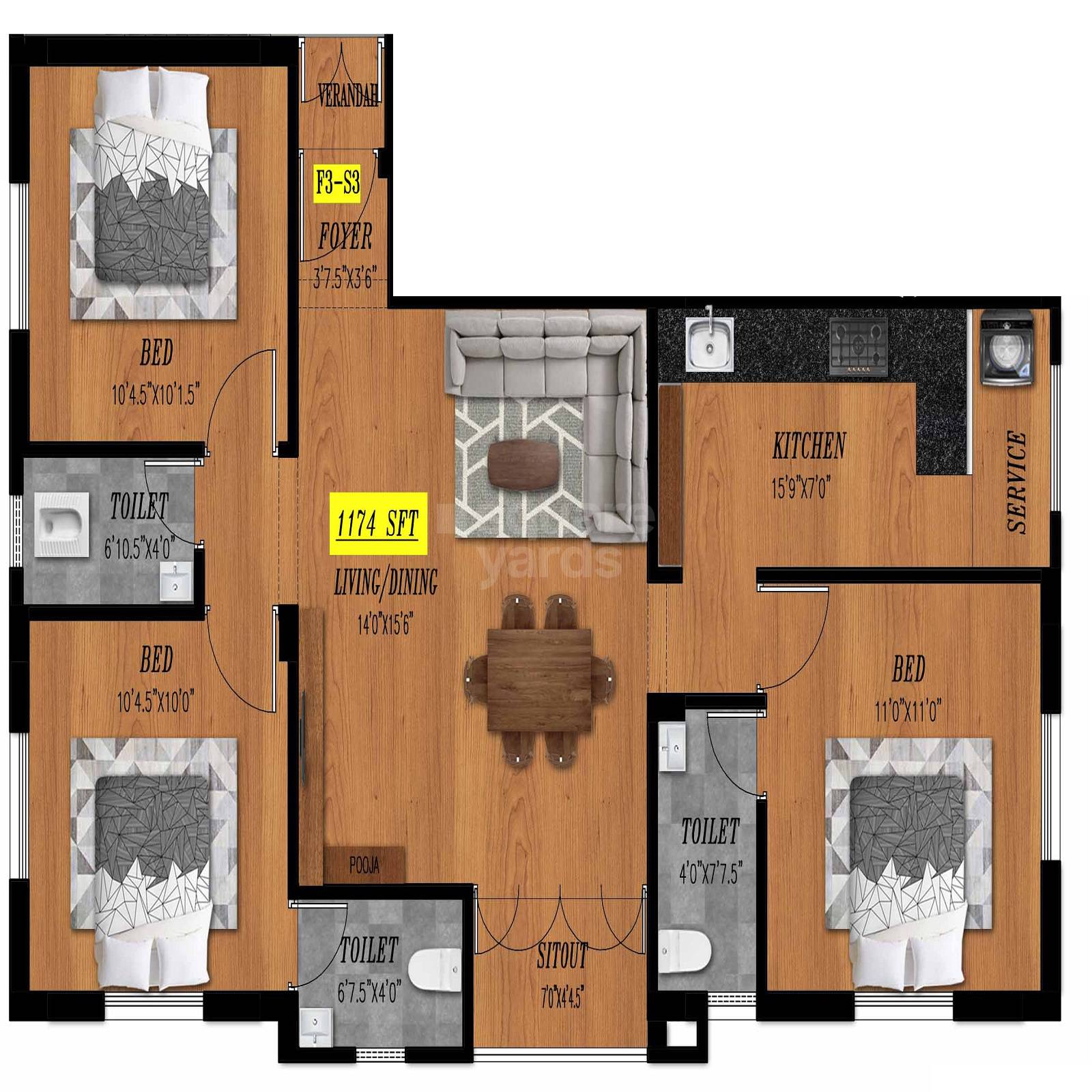 Floor plan of 3 BHK 1174 Sq. Ft. Apartment in Siva Adhitya Grand, Chennai