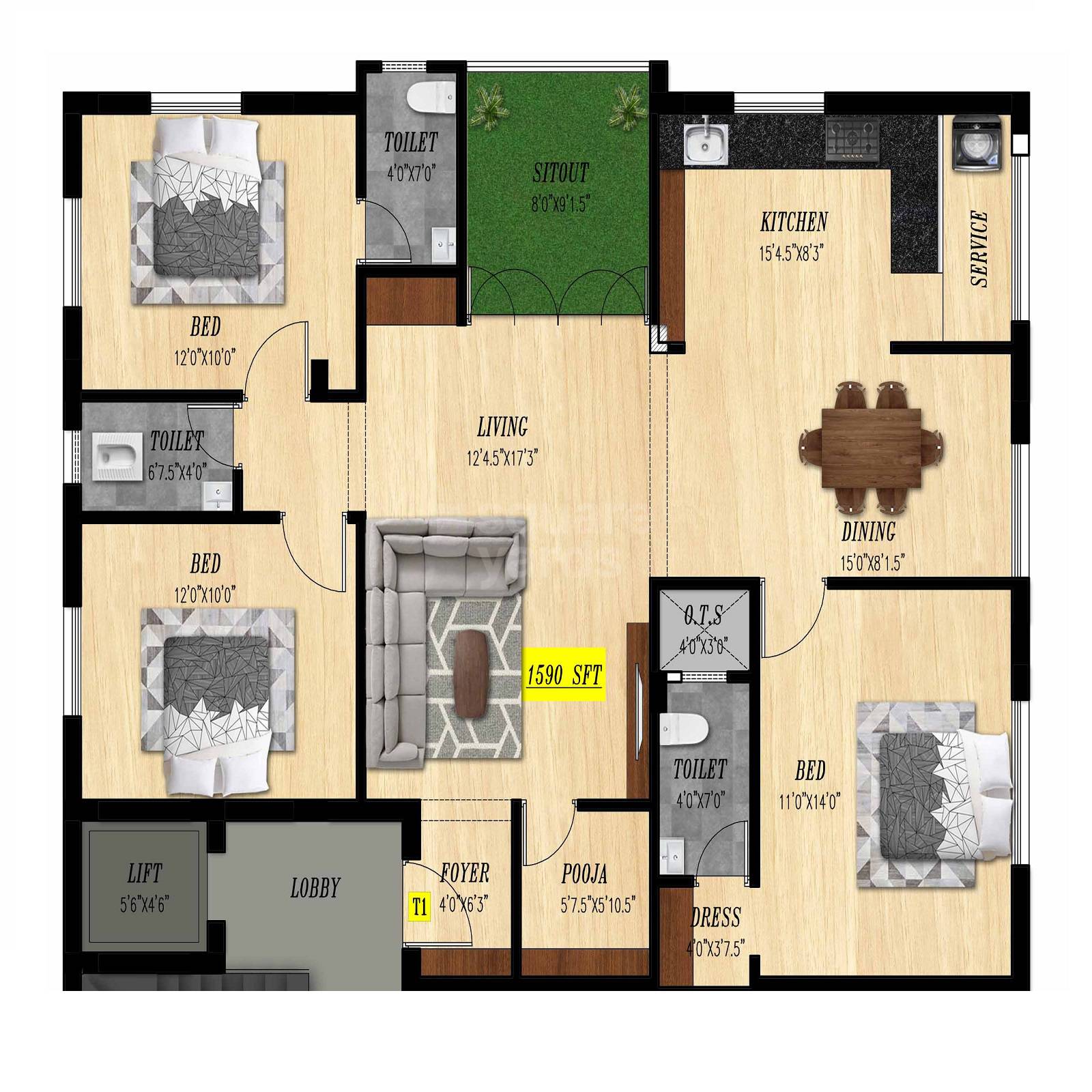 Floor plan of 3 BHK 1590 Sq. Ft. Apartment in Siva Adhitya Grand, Chennai