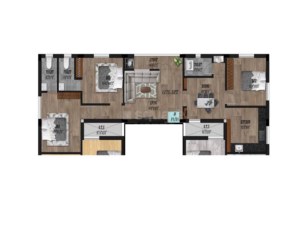 Floor plan of 3 BHK 1275 Sq. Ft. Apartment in Siva Adithya Diamond, Chennai