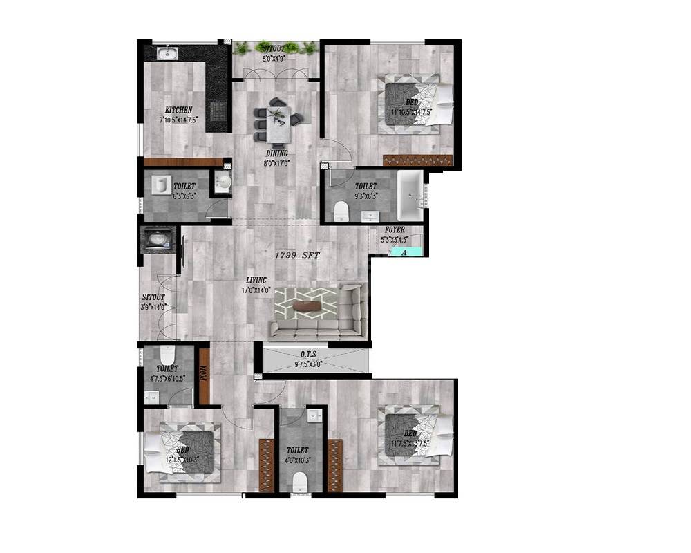 Floor plan of 3 BHK 1799 Sq. Ft. Apartment in Siva Adithya Diamond, Chennai