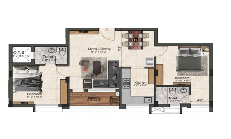 Floor plan of 2 BHK 966 Sq. Ft. Apartment in Sivarams Bethel, Chennai