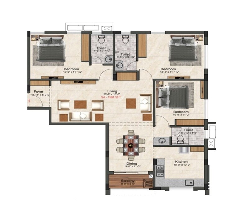 Floor plan of 3 BHK 1567 Sq. Ft. Apartment in Sivarams Bethel, Chennai
