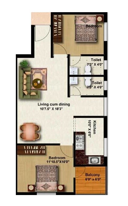 Floor plan of 2 BHK 899 Sq. Ft. Apartment in Six Ganapathi Enclave, Chennai