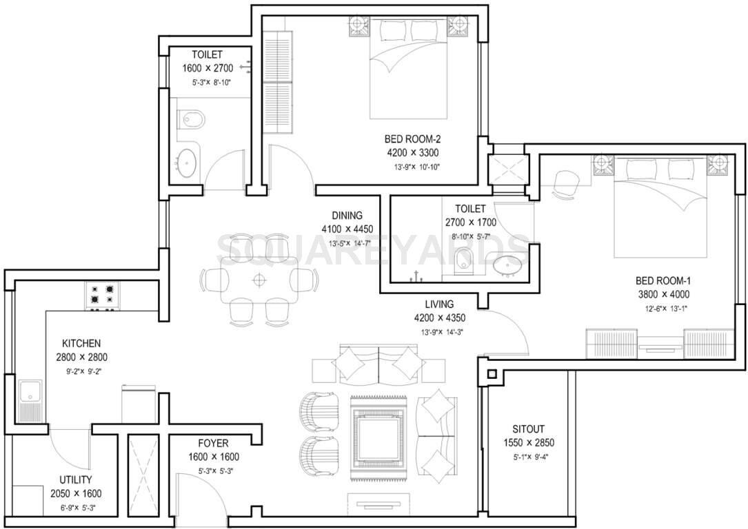 Floor plan of 2 BHK 1336 Sq. Ft. Apartment in Sobha Meritta, Chennai