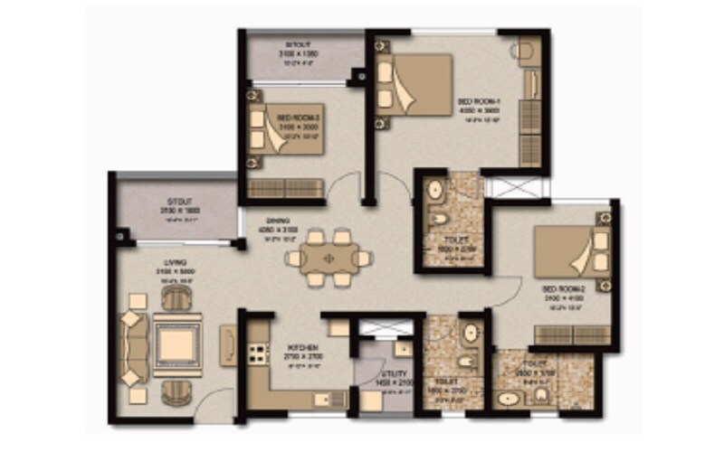Floor plan of 3 BHK 2197 Sq. Ft. Apartment in Sobha Meritta, Chennai