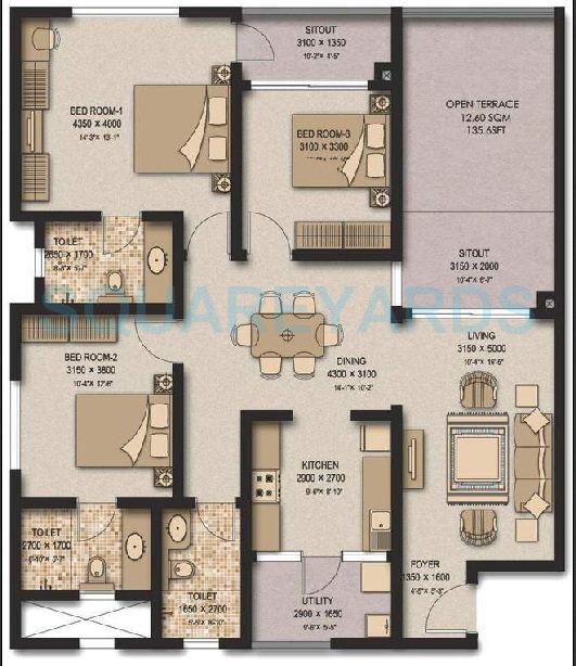 Floor plan of 3 BHK 1775 Sq. Ft. Apartment in Sobha Meritta, Chennai