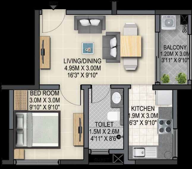Floor plan of 1 BHK 652 Sq. Ft. Apartment in Sobha Winchester, Chennai