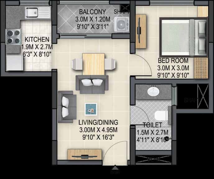 Floor plan of 1 BHK 666 Sq. Ft. Apartment in Sobha Winchester, Chennai