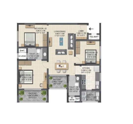 Floor plan of 2 BHK 1572 Sq. Ft. Apartment in Sobha Winchester, Chennai