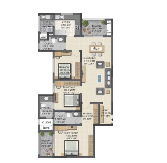 Floor plan of 3 BHK 1850 Sq. Ft. Apartment in Sobha Winchester, Chennai