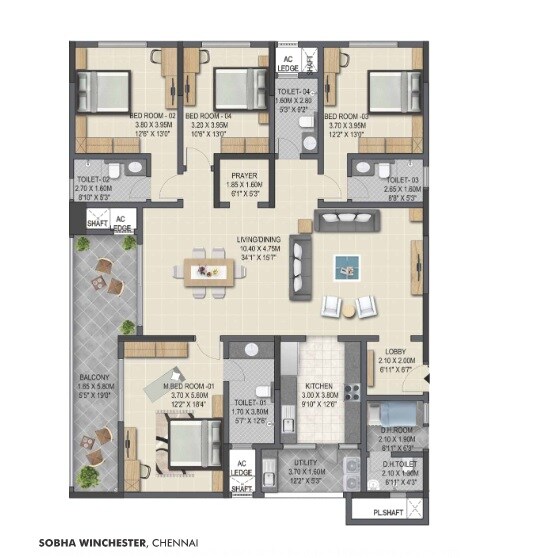 Floor plan of 4 BHK 2807 Sq. Ft. Apartment in Sobha Winchester, Chennai
