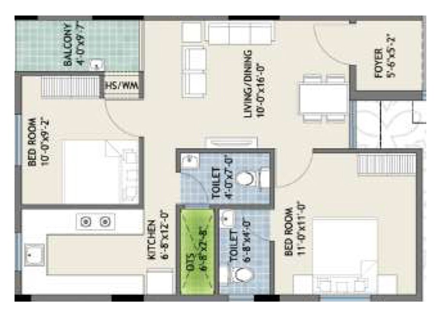 Floor plan of 2 BHK 819 Sq. Ft. Apartment in Space Age The Rise, Chennai