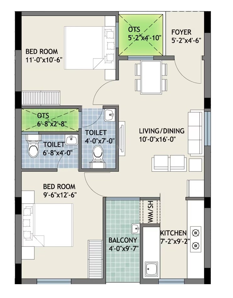Floor plan of 2 BHK 827 Sq. Ft. Apartment in Space Age The Rise, Chennai