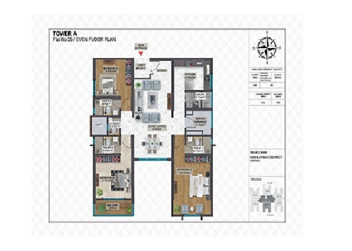Floor plan of 3 BHK 1800 Sq. Ft. Apartment in SPR Highliving, Chennai