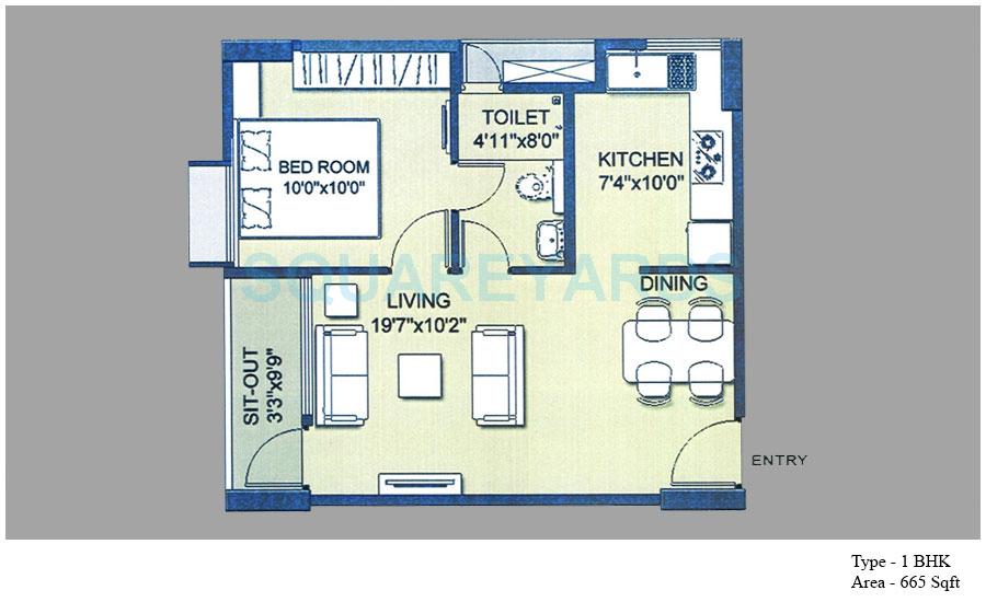 Floor plan of 1 BHK 665 Sq. Ft. Apartment in SPRRG Osian Chlorophyll, Chennai