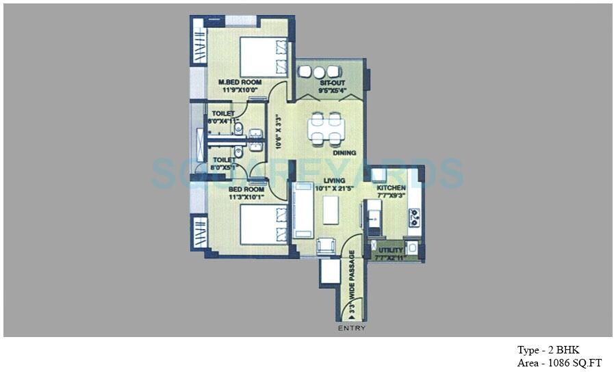 Floor plan of 2 BHK 1086 Sq. Ft. Apartment in SPRRG Osian Chlorophyll, Chennai