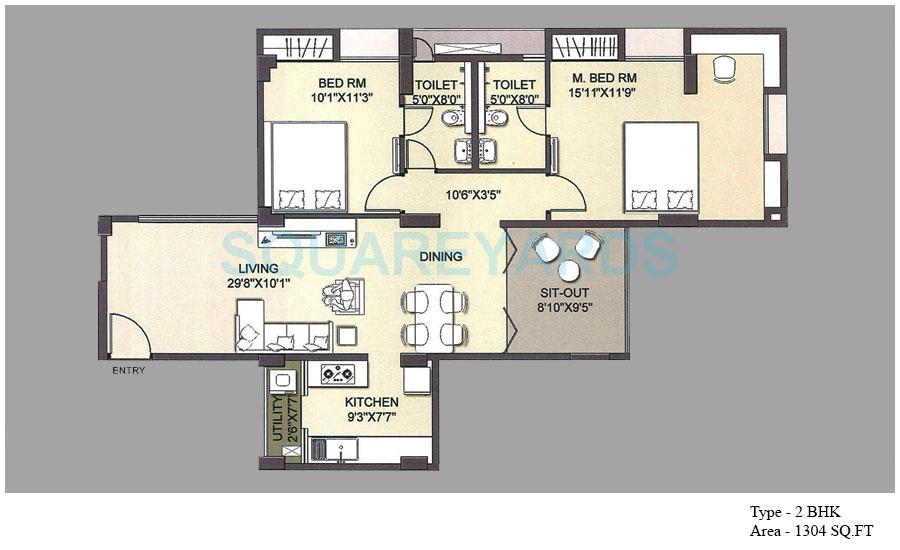 Floor plan of 2 BHK 1304 Sq. Ft. Apartment in SPRRG Osian Chlorophyll, Chennai