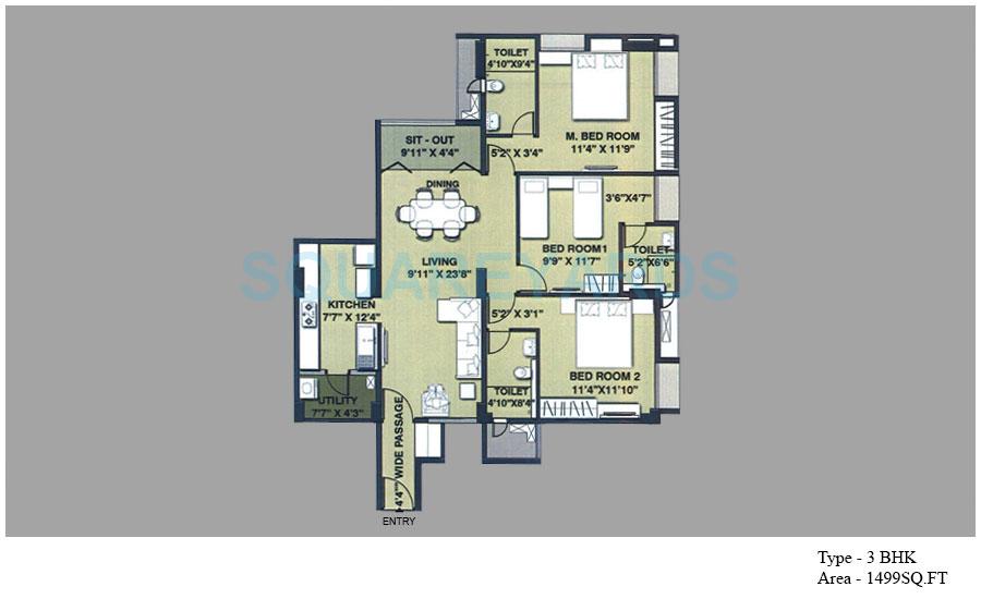 Floor plan of 3 BHK 1499 Sq. Ft. Apartment in SPRRG Osian Chlorophyll, Chennai
