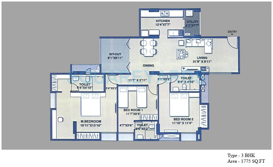 Floor plan of 3 BHK 1775 Sq. Ft. Apartment in SPRRG Osian Chlorophyll, Chennai