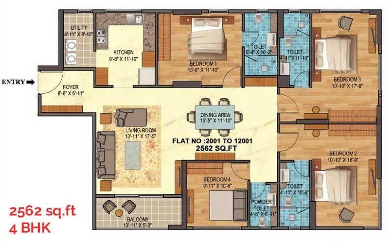 Floor plan of 4 BHK 2562 Sq. Ft. Apartment in SPRRG Osian One, Chennai