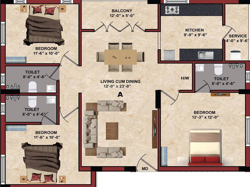 Floor plan of 3 BHK 1386 Sq. Ft. Apartment in Sree Guru Atulya, Chennai