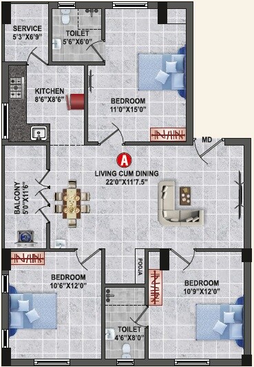 Floor plan of 3 BHK 1200 Sq. Ft. Apartment in Sree Guru Pragathi, Chennai