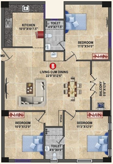 Floor plan of 3 BHK 1300 Sq. Ft. Apartment in Sree Guru Pragathi, Chennai