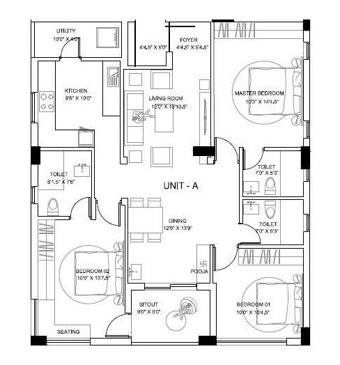 Floor plan of 3 BHK 1433 Sq. Ft. Apartment in Sree Guru Prithvi, Chennai