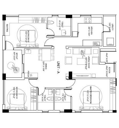 Floor plan of 3 BHK 1457 Sq. Ft. Apartment in Sree Guru Prithvi, Chennai