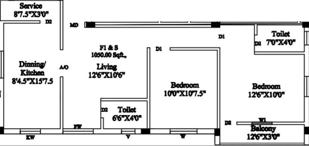 Floor plan of 2 BHK 1050 Sq. Ft. Apartment in Sree Vetrivelavaa, Chennai